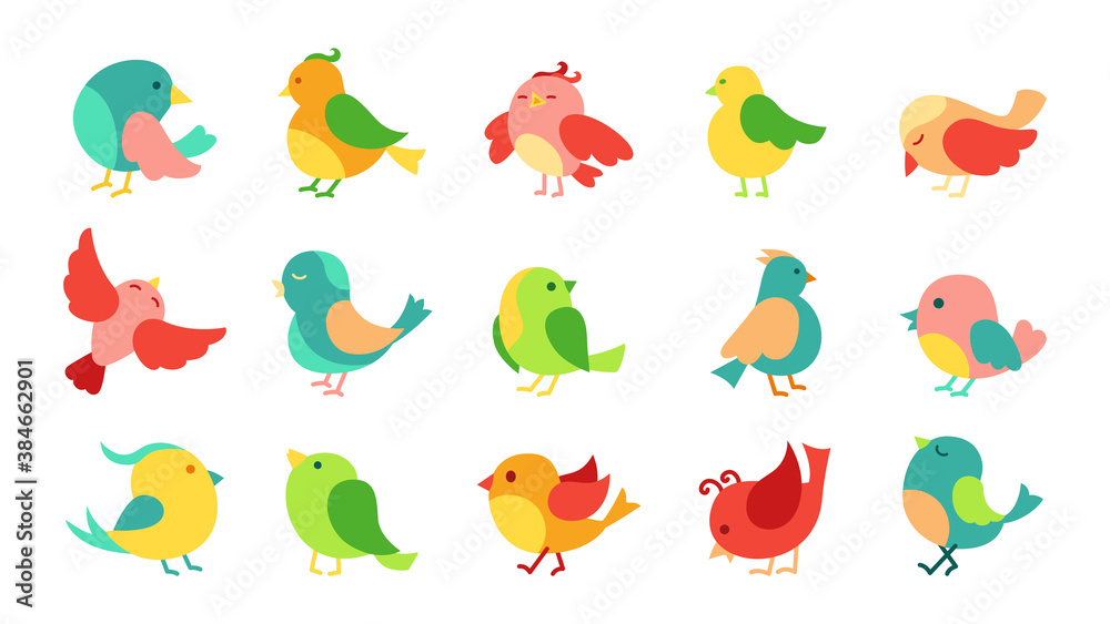 Fototapeta premium Cute bird cartoon set. Colorful little birds, different poses, flying. Happy character. Hand drawn flat abstract icon. Modern trendy vector illustration