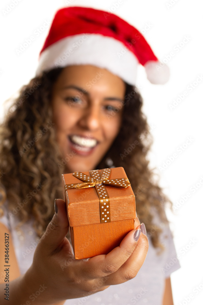 Black woman is receiving a lovely golden gift box. Holiday, Christmas or Birthday concept. Isolated on white background. Black woman is receiving a lovely golden gift box. Holiday, Christmas or Birthday concept. Isolated on white background.