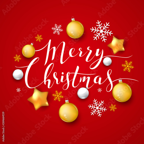 Christmas background with Shining gold Snowflakes. Lettering Merry Christmas card vector Illustration. © luxcor
