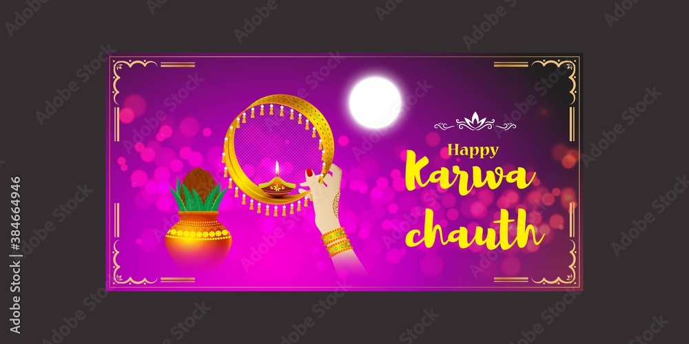 Vector banner of Happy Karwa Chauth, Indian festival, pooja kalash, diya, full moon, beautiful bokeh background, decorative festive greeting card banner.