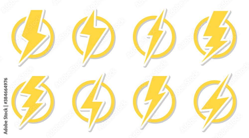Yellow lightning bolt icon set. Electrical strike sign sticker in circle. Design logo voltage power and danger of electric shock. Symbol energy and thunder electricity. Isolated vector illustration