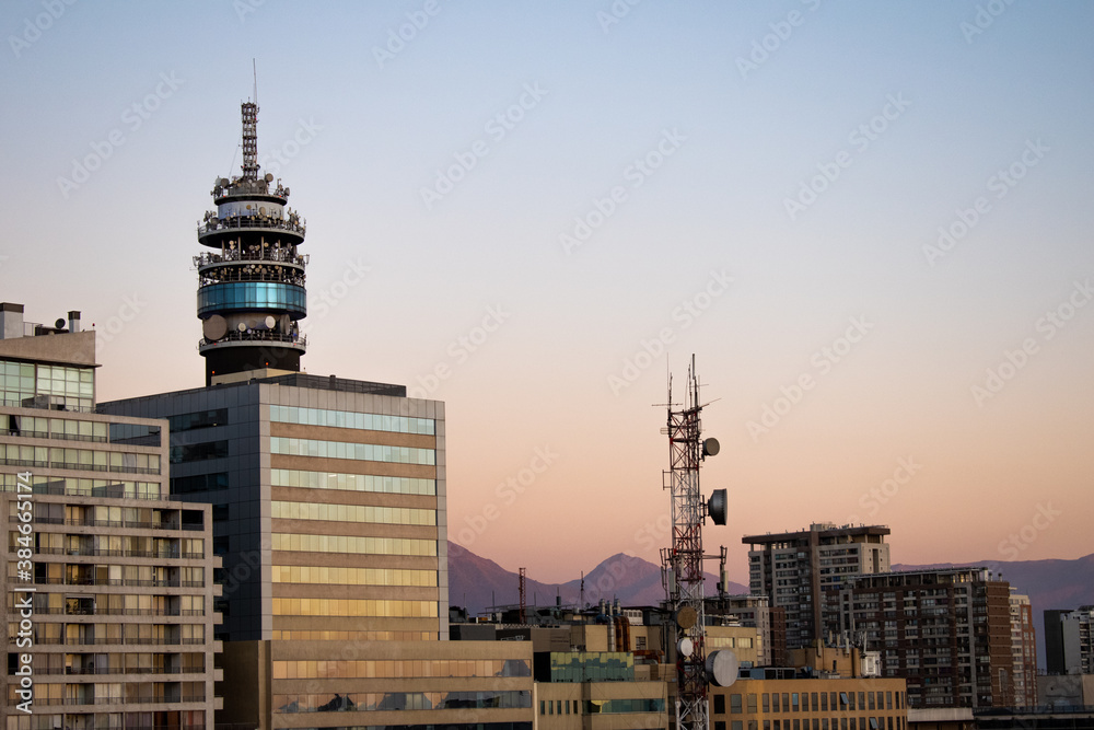 Fototapeta premium Entel Tower with sunset reflection and clear sky 