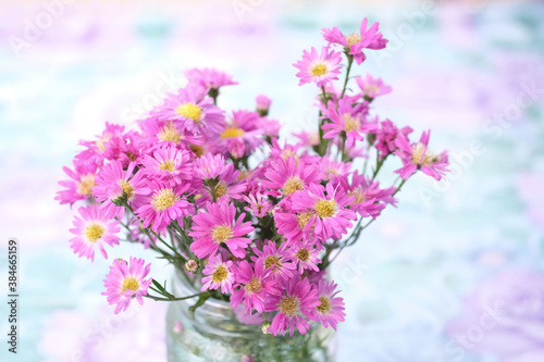 Bouquet of pink flowers in glass vase with blurry natural background.