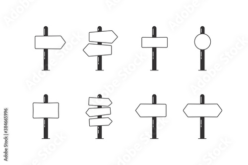 Set of 8 empty road sign post arrows indicating pointing towards directions. Isolated Vector illustration icon graphics to add text with your concepts