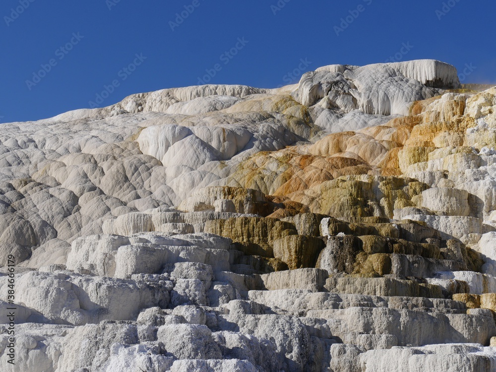 Medium close up of the upper part of the terraces at the Mammoth Hot Springs near the northern entrance of Yellowstone National Park.