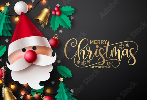 Merry christmas vector background design. Merry christmas greeting text in black empty space for typography messages for holiday season greeting card with paper cut santa claus and xmas elements. 