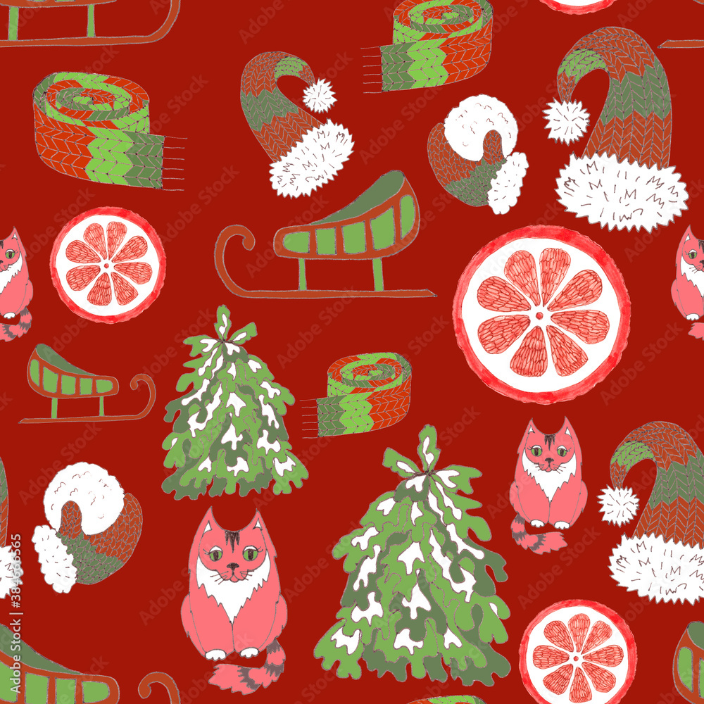 christmas new year's seamless pattern on a red background, graphic color pattern christmas new year's seamless pattern on a red background, graphic color pattern