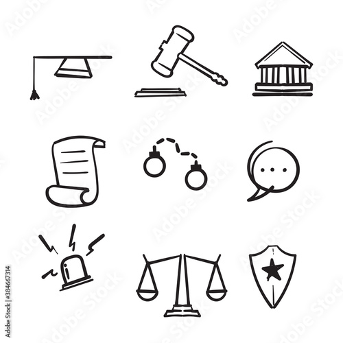 hand drawn Law and justice line icons set vector illustration. doodle sketch
