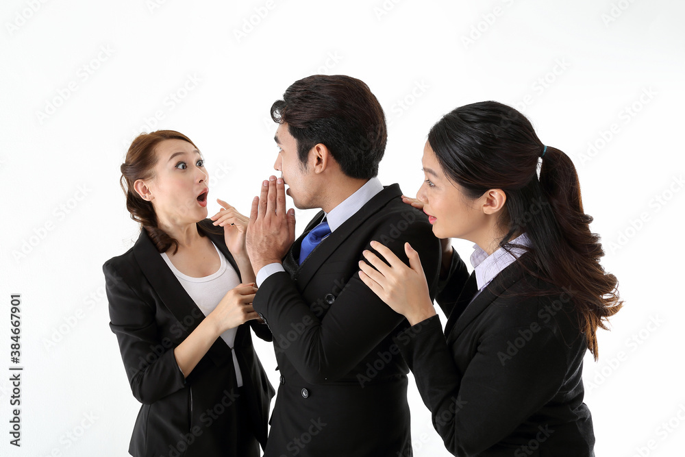 Southeast Asian young office business man woman wearing suit stand expressions talk gossip whisper on white studio background Southeast Asian young office business man woman wearing suit stand expressions talk gossip whisper on white studio background