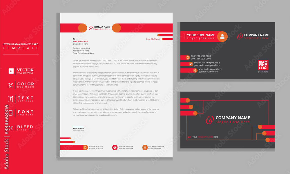 Professional letterhead and business card design layout. Fully editable template.