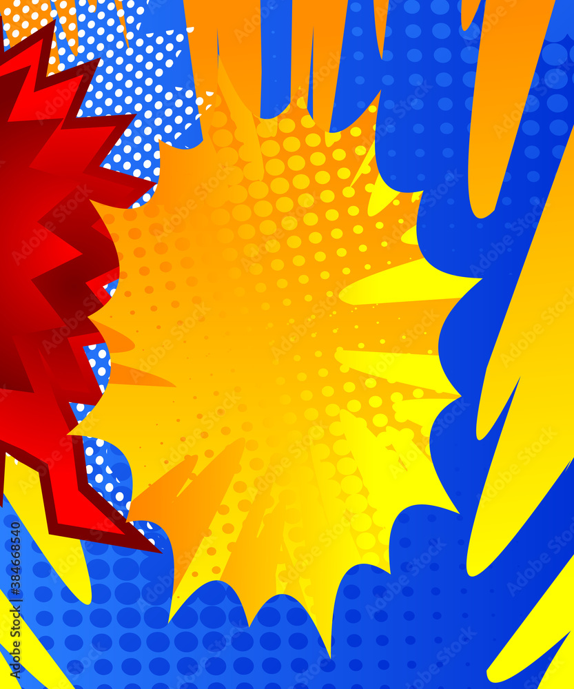 Naklejka premium Comic book speech bubble with abstract colorful pattern. Talk icon. Cartoon dialogue vector design banner. Chat symbol template. Quotation balloon sticker.