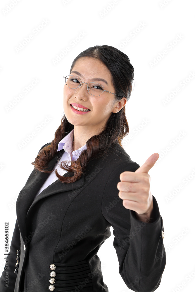 Southeast Asian young office business woman wearing suit eye spectacles look at camera smile thumbs up on white studio background Southeast Asian young office business woman wearing suit eye spectacles look at camera smile thumbs up on white studio background