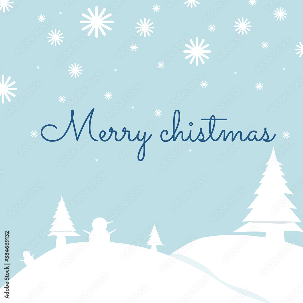 Naklejka Christmas card with tree and snowman on snowy christmas night