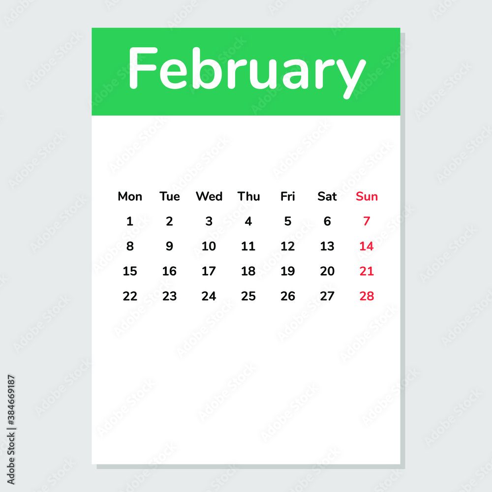 February 2021 calendar sheet. Vector illustration February 2021 calendar sheet. Vector illustration