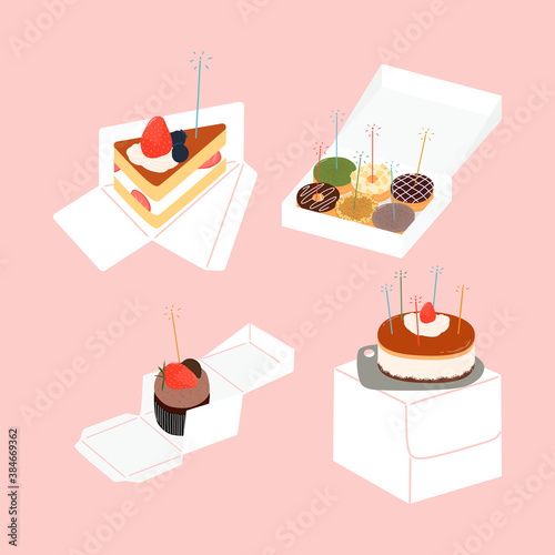 Birthday cake, cake slice, doughnuts, cupcake with packaging box. Hand drawn vector illustration.