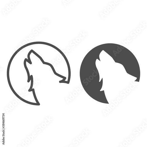 Wolf howling at moon line and solid icon, Halloween concept, Wolf and moon sign on white background, Howling coyote icon in outline style for mobile concept and web design. Vector graphics.