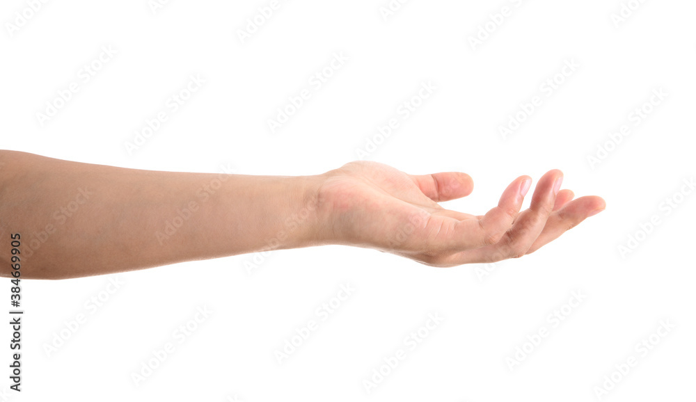 Thumbs up with a hand outstretched in front of white background