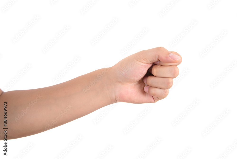 Make a fist gesture with a loose hand in front of a white background Make a fist gesture with a loose hand in front of a white background