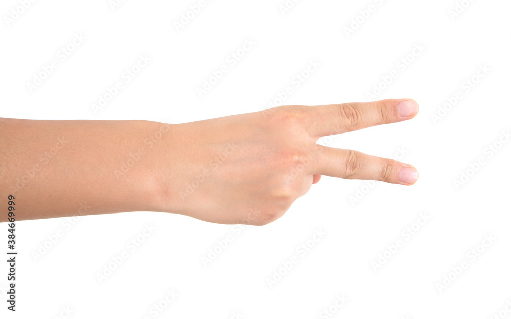 In front of a white background, a hand stretches out a finger to make a two gesture