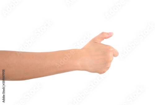 Thumbs up with a hand outstretched in front of white background © zhenya