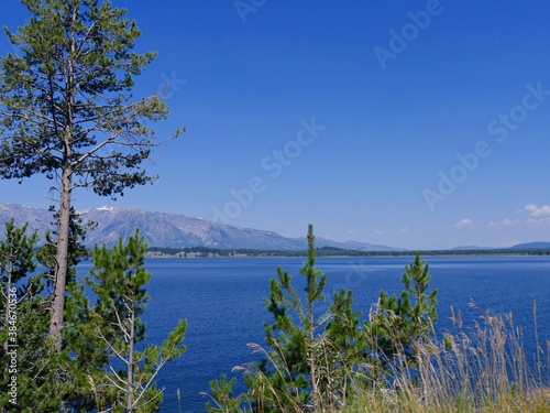  Beautiful view of Jackson Lake dam framed by trees, with  the Grand Teton mountain ranges in the background. © raksyBH