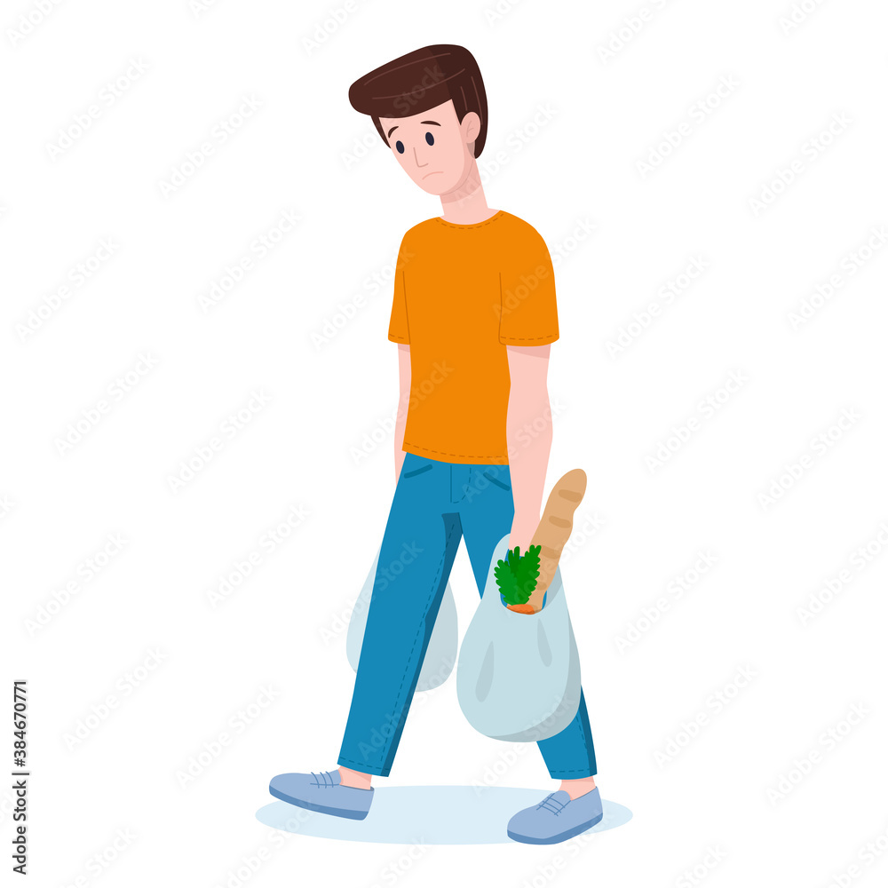 Vector illustration: sad man carries heavy packages of food. Vector illustration: sad man carries heavy packages of food.