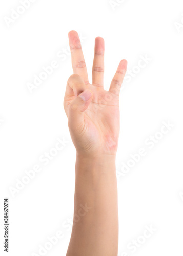 One hand making OK gesture in front of white background