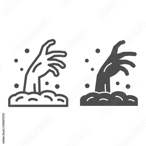 Zombie hand line and solid icon, Halloween concept, Hand in ground sign on white background, Zombie hand rising out of ground icon in outline style for mobile concept and web design. Vector graphics.