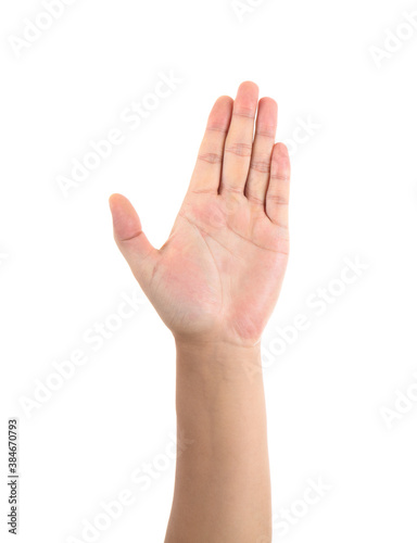Five fingers together, hand facing the camera on a white background