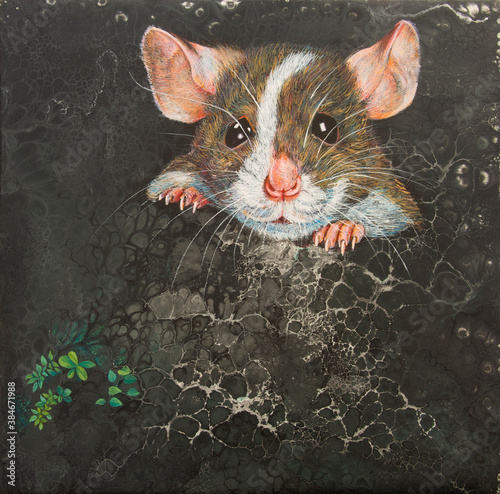 A mouse poked his head from the ground. Acrylic painting. © hadkhanong