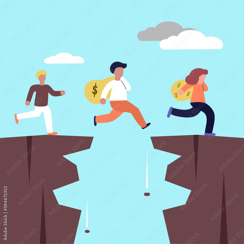 The people holding money bag and jumping cross over an abyss. Vector illustration in flat cartoon design. Teamwork, fighting wit global recession, obstacle.