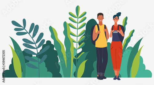 Young, smiling couple with backpacks. Travel, vacation, holidays and adventure vector concept illustration. Summer landscape background. Poster design style