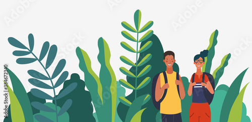 Young, smiling couple with backpacks. Travel, vacation, holidays and adventure vector concept illustration. Summer landscape background. Poster design style