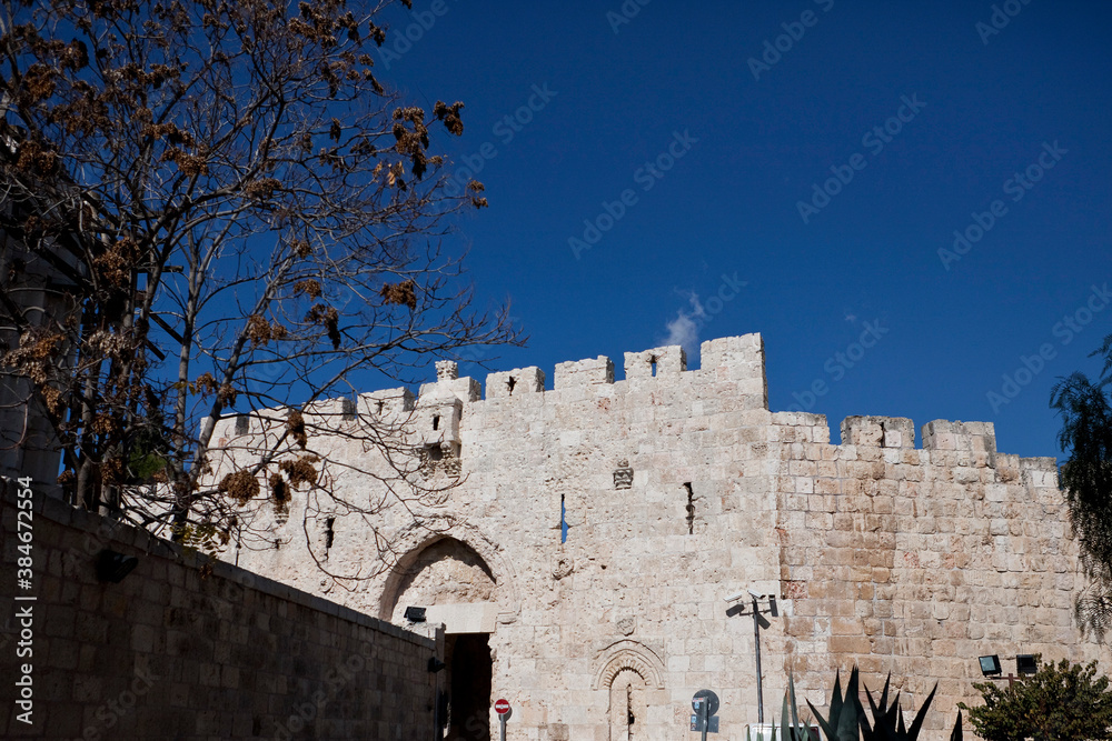 Zion Gate and the walls of the old city in Jerusalem, Israel