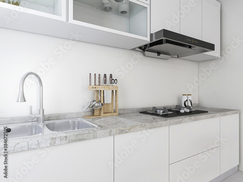 The modern clean kitchen has clean kitchen utensils and countertops