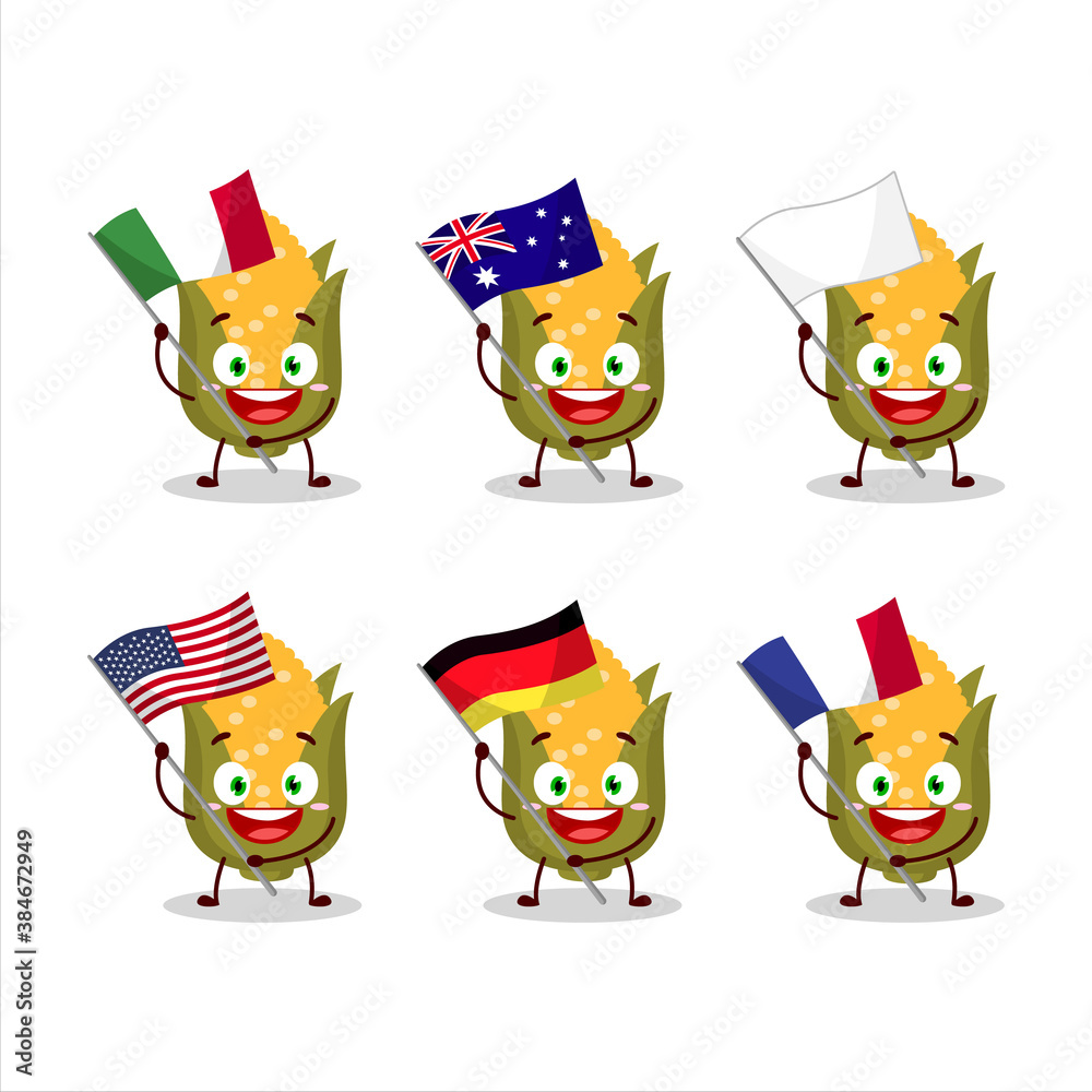 Corn cartoon character bring the flags of various countries