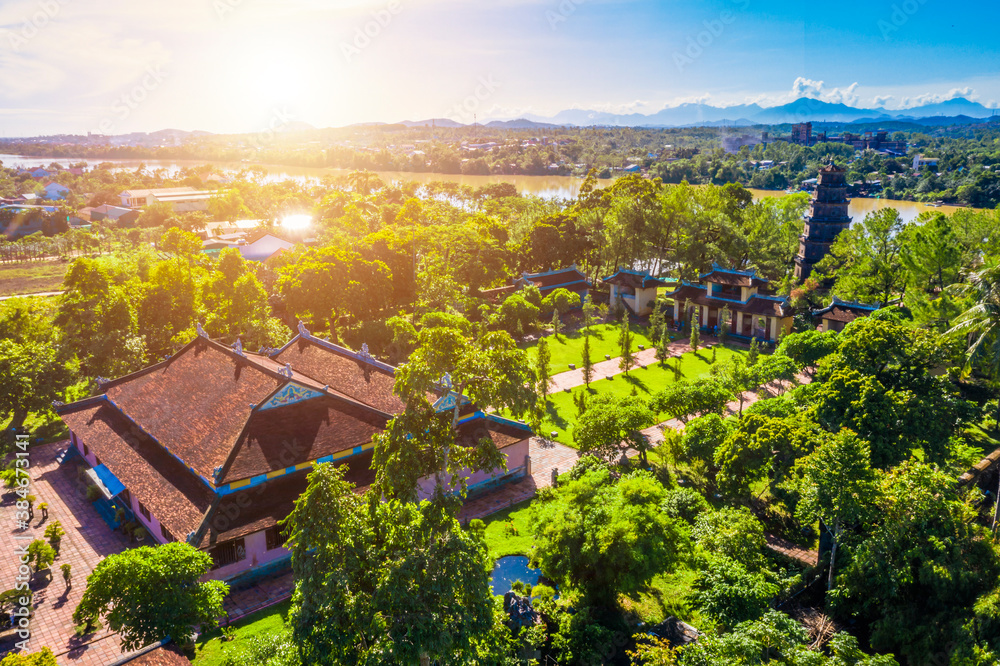 Aerial view of The Thien Mu Pagoda. It is one of the ancient pagoda in Hue city. It is located on the banks of the Perfume River in Vietnam's historic city of Hue.