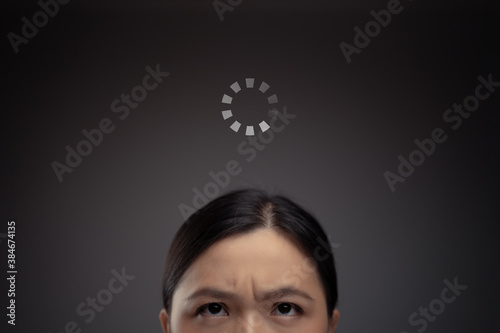 Asian woman waiting and icon loading hologram effect.