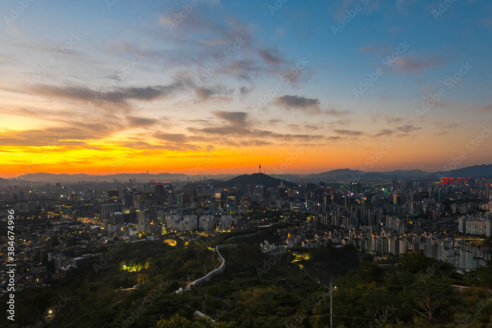 Seoul city sky line , south korea, showing landmark Seoul tower in the financial district at morning