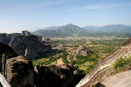 View of Kalambaka town on the way to The Holy Monastery of Varlaam, Meteora, Greece