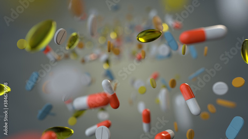 Assorted medicine drugs in the air 3D render