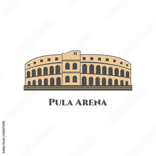 Pula Arena in Croatia. World countries cities vacation travel sightseeing collection. The most popular tour and activities. Flat cartoon style historic sight showplace. Vector illustration