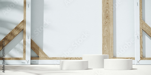 Fototapeta Naklejka Na Ścianę i Meble -  Minimal background for product presentation. Sunshade shadow on back of wood frame artist painting canvas background. 3d rendering illustration. Clipping path of each element included.