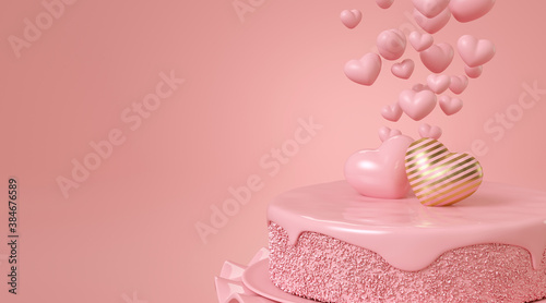 Minimal happiness object for love, wedding and valentine concept. Pink heart with golden stripe with cake on pink background. 3d rendering illustration. Clipping path of each element included.