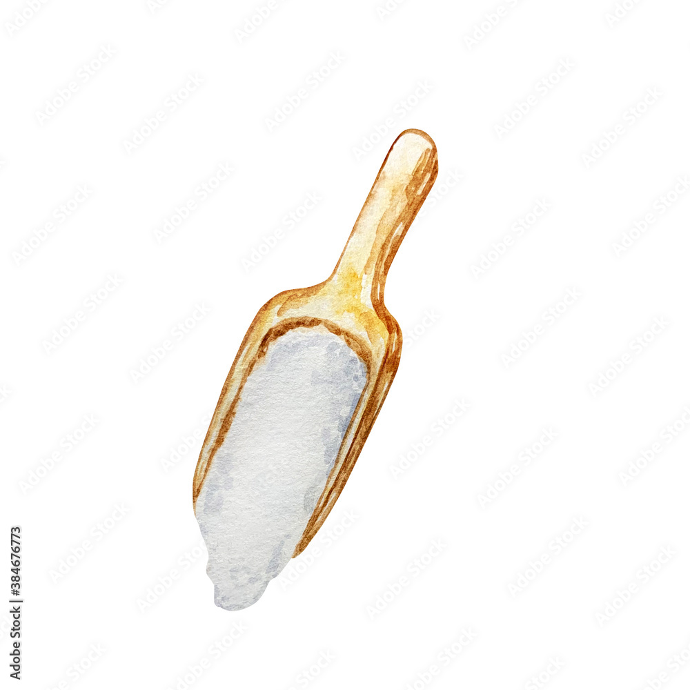 watercolor white flour in a wooden scoop watercolor white flour in a wooden scoop