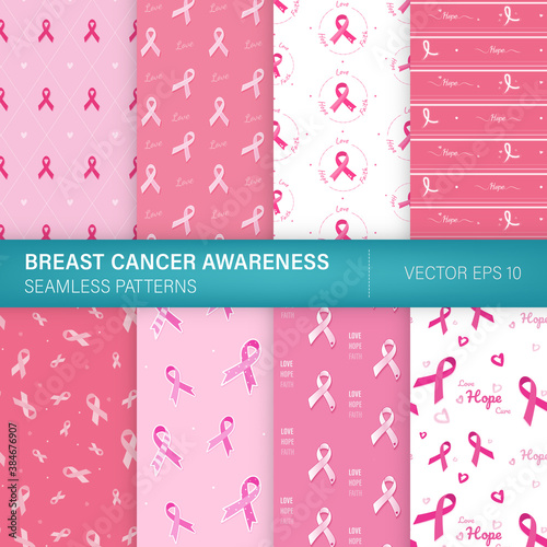 Bundle set of pink ribbon seamless pattern for breast cancer awareness in October