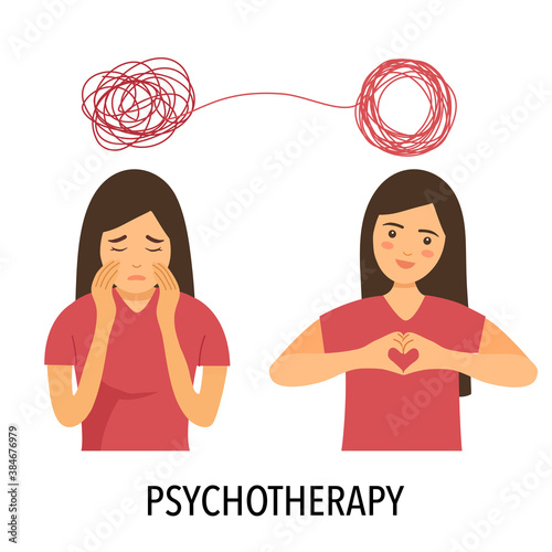 A woman with mental problem causes sadness and need treatment in order to have a good mood. Psychotherapy. Mental illness healthcare.