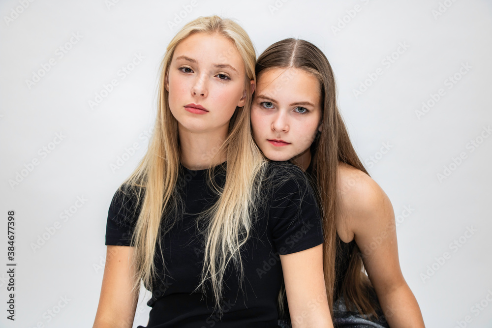Beautiful girl long hair close-up student White background Beautiful girl long hair close-up student White background