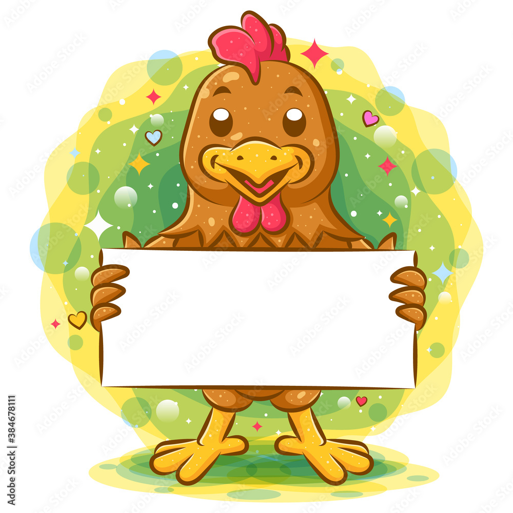 Brown rooster standing and holding blank paper Brown rooster standing and holding blank paper