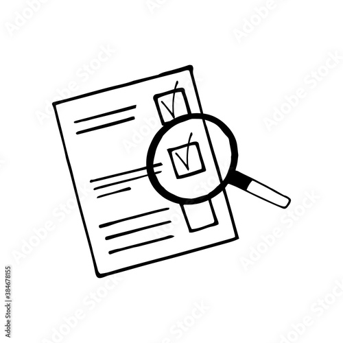 blank with check marks and magnifying glass sketch hand drawn icon concept quality control, goal achievement, sticker, poster, vector, doodle scandinavian, monochrome minimalism